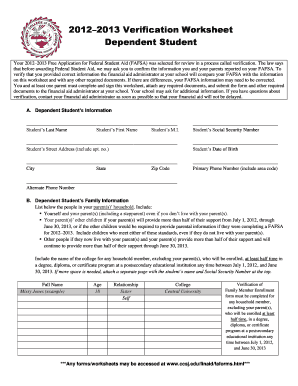 2012–2013 Verification Worksheet for Dependent Student