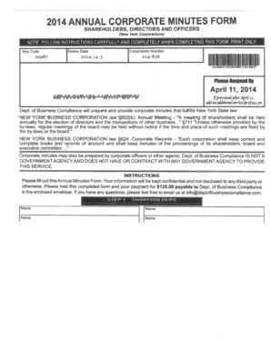 fillable online dos ny 2014 annual corporate minutes form new york