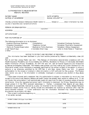 Hampton Behavioral Health Center Medical Records Release Authorization