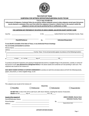 Texas Subpoena for Witness Deposition