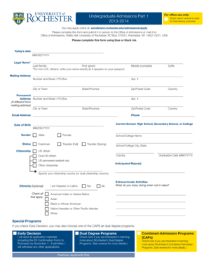 University of Rochester Undergraduate Admissions Form