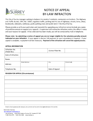 Notice of Appeal for By-Law Infraction