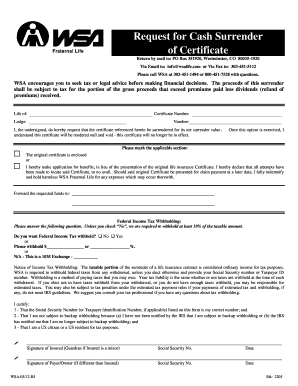 Request for Cash Surrender of Life Insurance Certificate