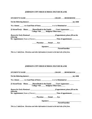 Johnson City High School Excuse Blank