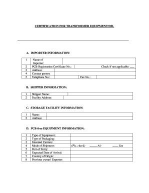 Transformer Equipment Certification Form