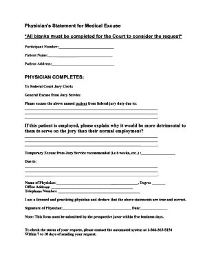 Physician's Statement for Medical Excuse