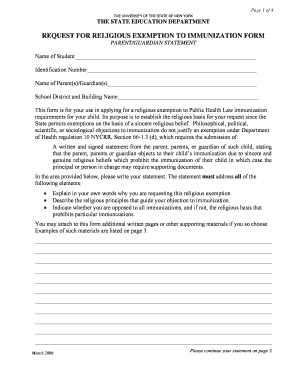 Request for Religious Exemption to Immunization Form