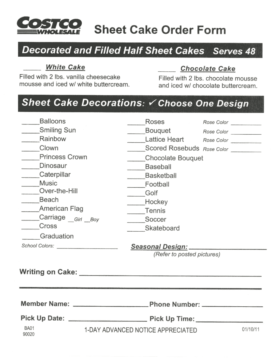 Costco Cake Order Form