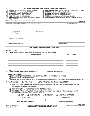 Riverside Superior Court Fax Transmission Cover Sheet