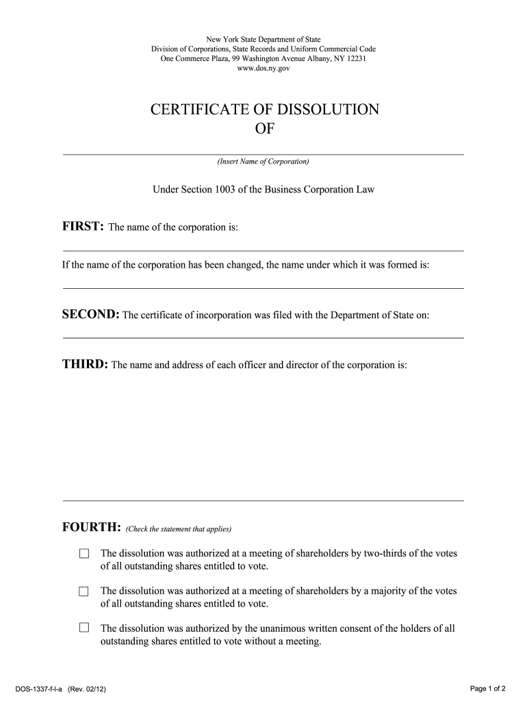 2012 Form NY DOS 1337 f Fill Online Printable Fillable Blank PdfFiller