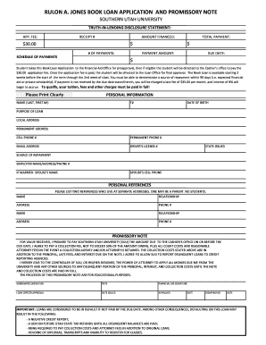 Southern Utah University Book Loan Application and Promissory Note
