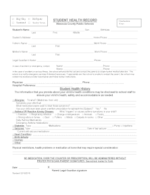 Missoula County Student Health Record