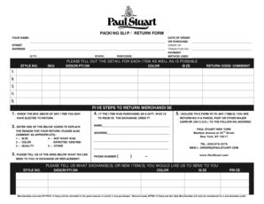 Packing slip / return form please fill out the detail for ... - Paul Stuart