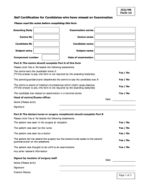 JCQ/ME Form 14 Self Certification for Missed Examination