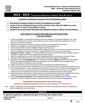 2013-2014 Transportation Application for Regular Yellow Bus Service