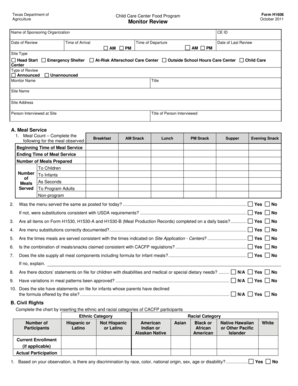 Texas Child Care Center Food Program Review Form H1606