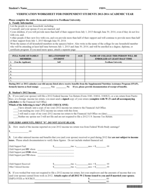 Verification Worksheet for Independent Students 2013-2014