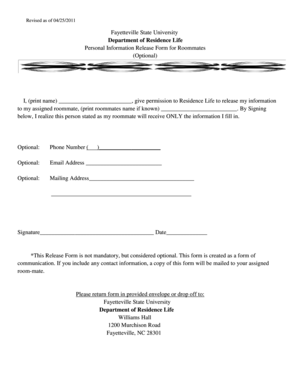 Personal Information Release Form for Roommates