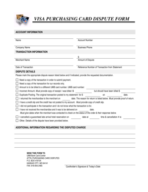 Visa Purchasing Card Dispute Form