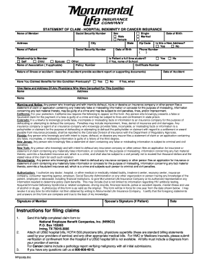 Statement of Claim - Hospital Indemnity or Cancer Insurance