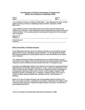 Washington State Physician Authorization for Medical Marijuana