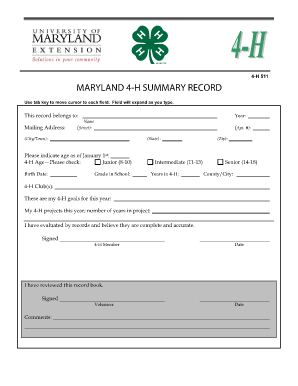 Maryland 4-H Summary Record Form