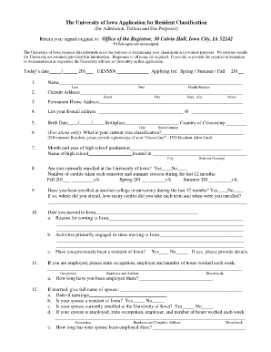 University of Iowa Resident Classification Application
