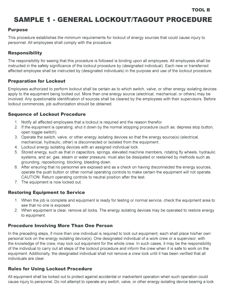 Fillable Online dir ca SAMPLE 1 - GENERAL LOCKOUT/TAGOUT PROCEDURE ...