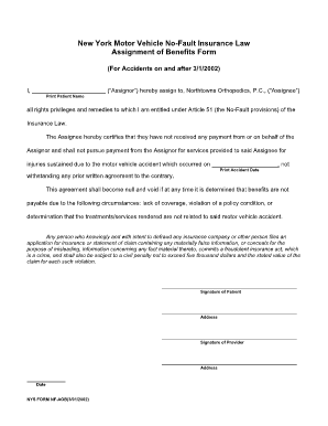New York Motor Vehicle No-Fault Insurance Assignment of Benefits Form