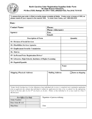 North Carolina Voter Registration Supplies Order Form