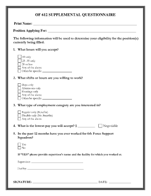 US Air Force OF 612 Supplemental Questionnaire
