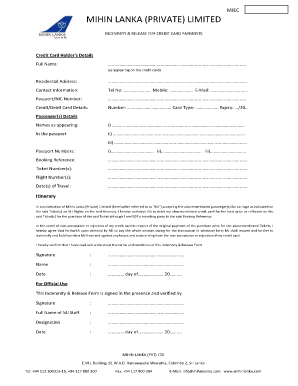 Mihin Lanka Credit Card Indemnity Form