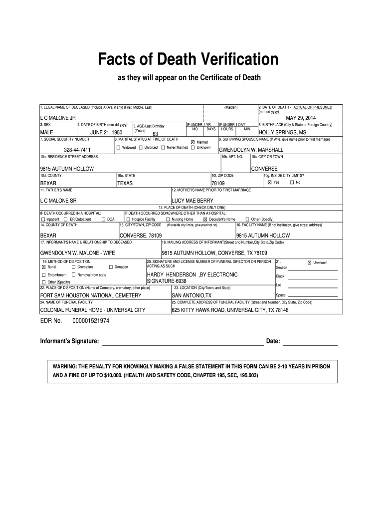 Facts Of Death Verification Fill And Sign Printable Template Online