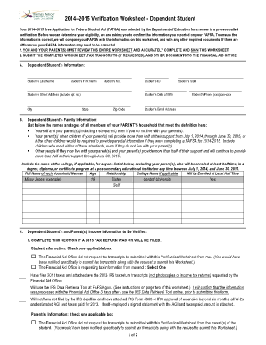 2014–2015 Verification Worksheet - Dependent Student
