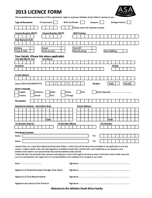 2013 Athletics South Africa License Form