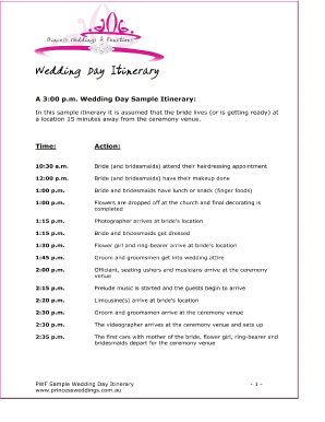 Sample Wedding Day Itinerary - Princess Weddings and Functions