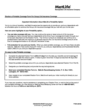 Election of Portable Coverage Form for Group Life Insurance