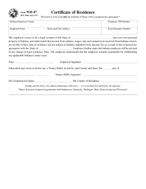 Indiana Certificate of Residence Form WH-47