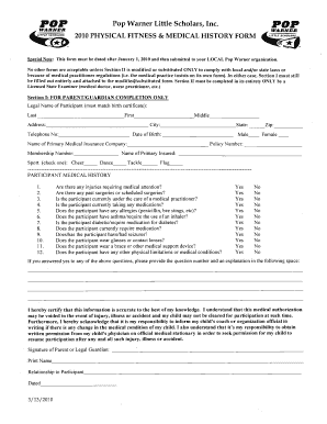 Pop Warner 2010 Physical Fitness & Medical History Form