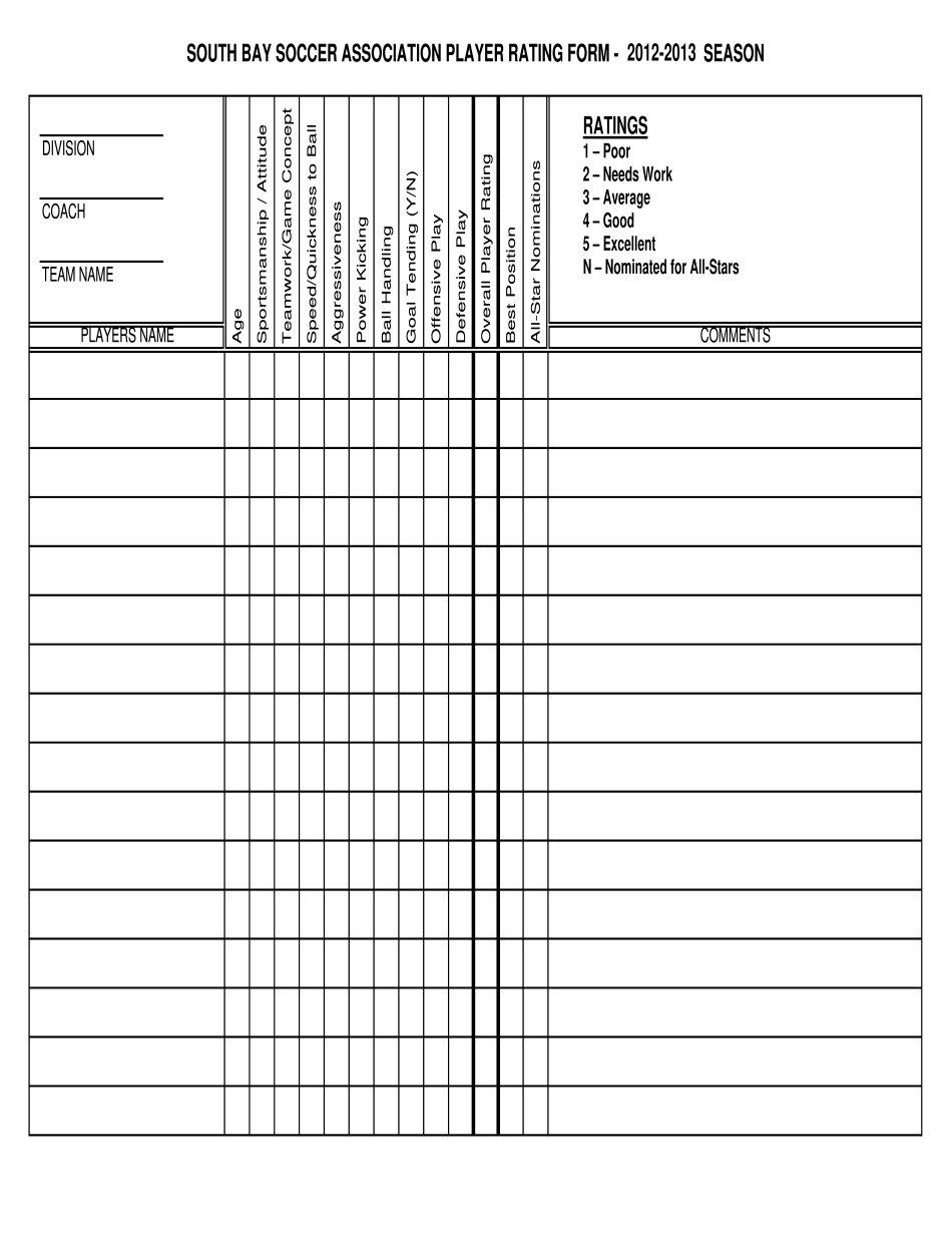 Soccer Tryout Evaluation Form - Printable Blank PDF Online