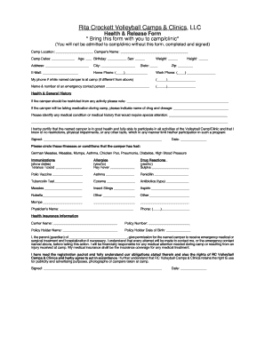 Rita Crockett Volleyball Camps Health & Release Form