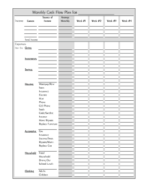 Monthly Cash Flow Plan for - Fort Irwin FMWR