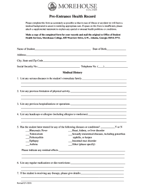 Pre-Entrance Health Record Form