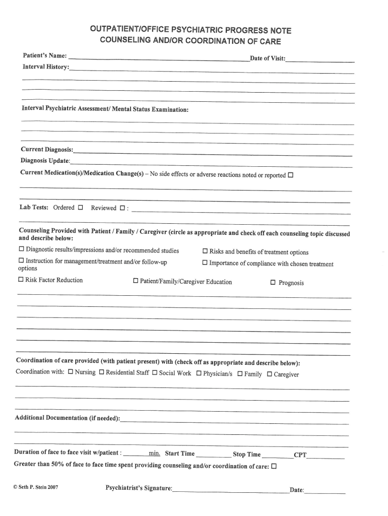 Outpatient/Office Psychiatric Progress Note Counseling and/or Pertaining To Counseling Progress Notes Template