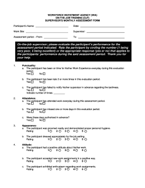 Workforce Investment Agency On-the-Job Training Supervisor's Monthly Assessment Form