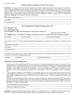 Georgia Motor Vehicle Certificate of Title Lien Notice