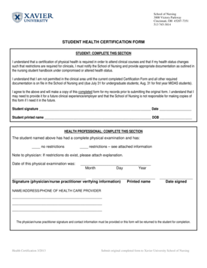 Student Health Certification Form