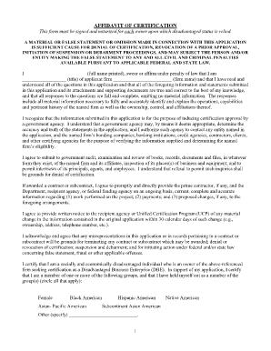 Affidavit of Certification for Disadvantaged Business Enterprise