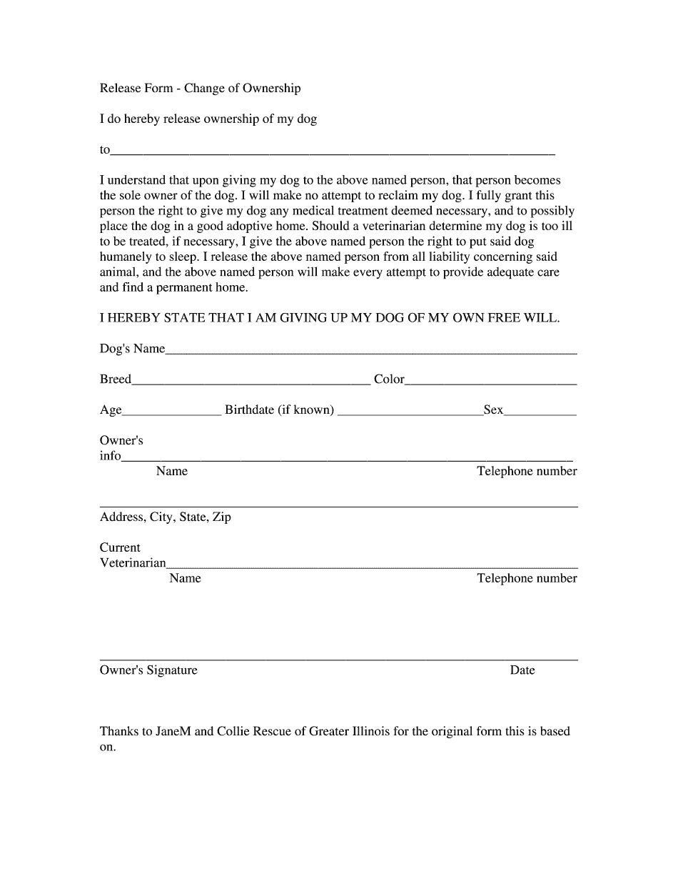 Dog Transfer Of Ownership Form