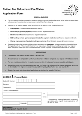 Tuition Fee Refund and Fee Waiver Application Form